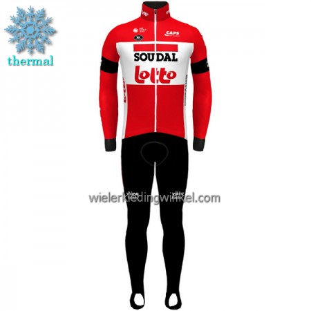 Set Fietsshirt Lange Mouw + Lange Koersbroek 2022 Lotto Soudal Winter Thermal Fleece Rood Wit